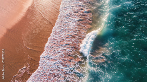 top view from drone: pink sand beach waves splash sea water texture. Atmospheric sea paradise landscape