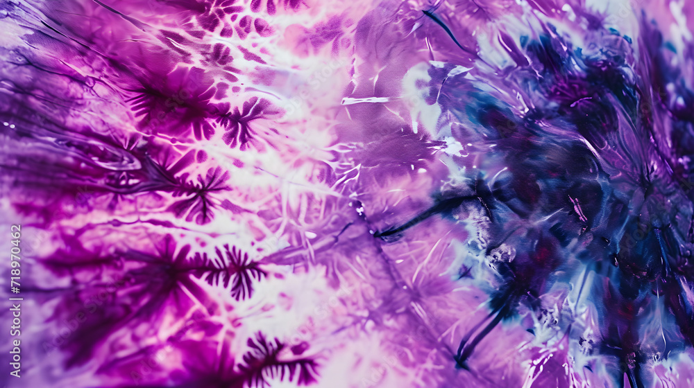 A vibrant tie-dye pattern with shades of purple and blue radiating from the center in a burst-like effect