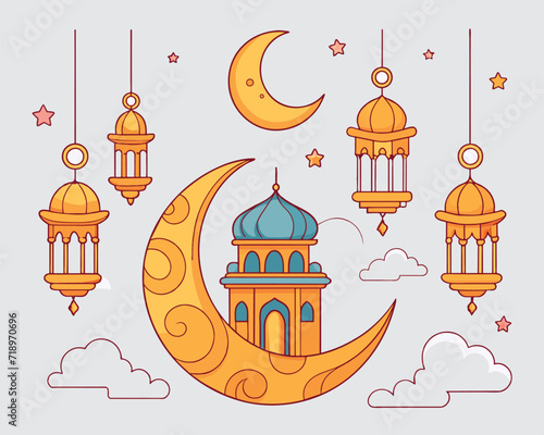 Illustration of a crescent with a mosque and lantern, perfect for Ramadan, Eid, Islamic celebrations, festive designs, cultural events.