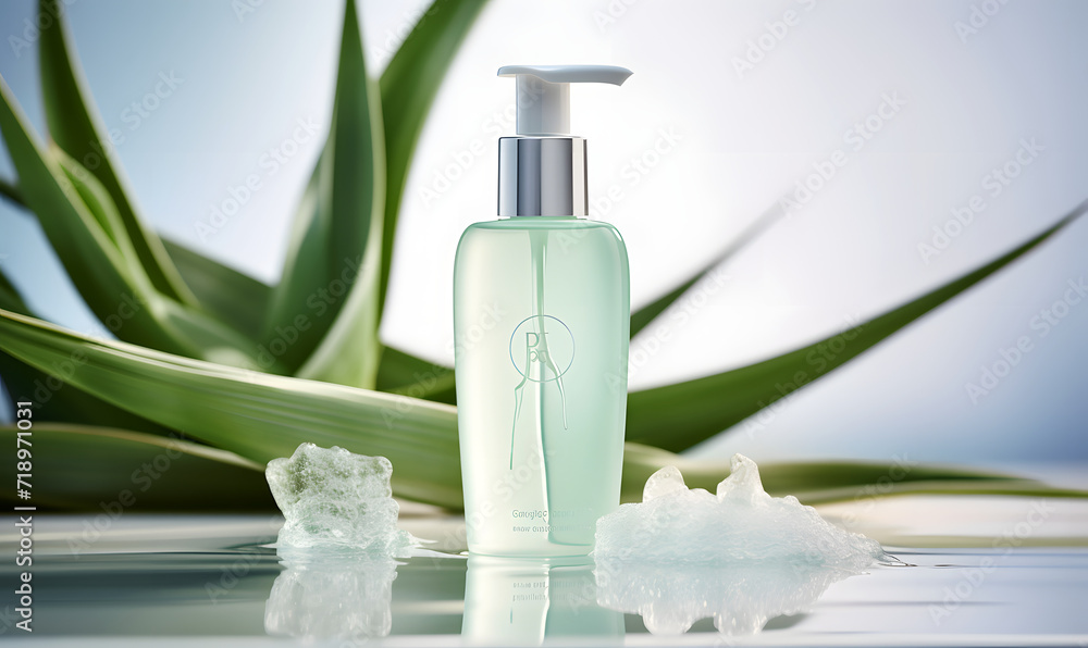 A bottle of lotion is placed on top of a splash of water and aloe vera. Concept of freshness and rejuvenation product mockup A bottle of lotion is placed on top of a splash of water and aloe vera. Concept of freshness and rejuvenation product mockup