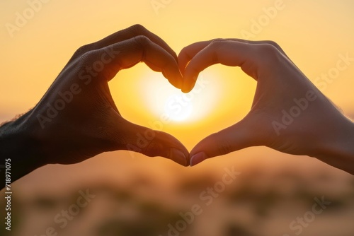 A close-up of hands forming a heart shape with a beautiful sunset in the background 