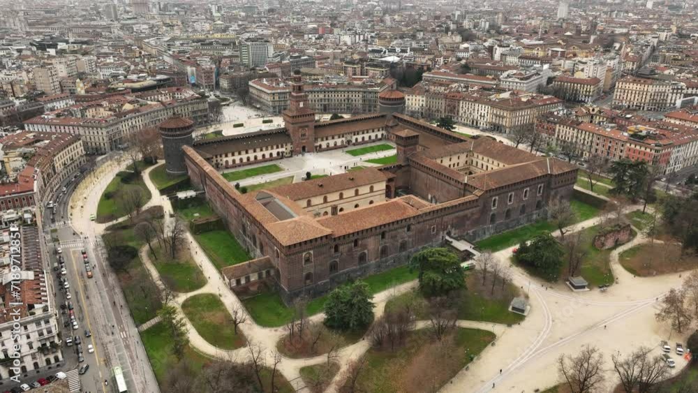 Aerial view early in the morning of Castello Sforzesco in 4k Aerial view early in the morning of Castello Sforzesco in 4k