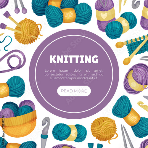 Knitting Banner Design with Yarn and Needle Vector Template