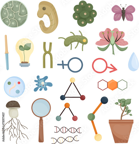 School subjects supplies icon illustration set, biology education collection. biologinal equipment clipart. Knowledge study vector illustration, rnature symbols photo
