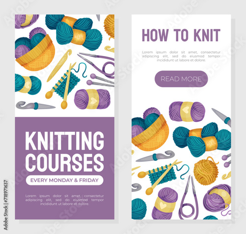 Knitting Banner Design with Yarn and Needle Vector Template