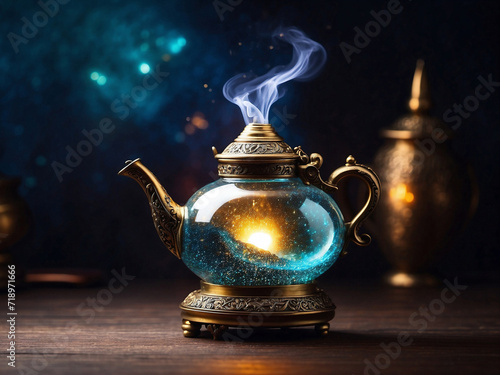 Precious golden aladin magic lamp with smoke on vibrant background, fairy tales and wish fulfillment concept