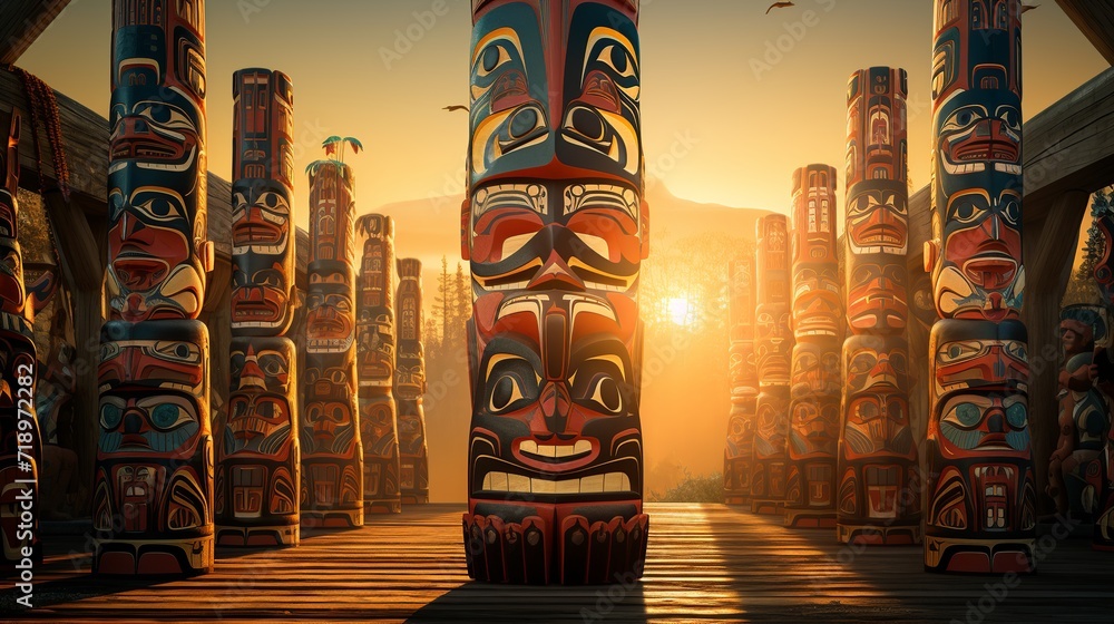 Fototapeta premium First Nations totem poles, carvings by Northwest Coast First Peoples.