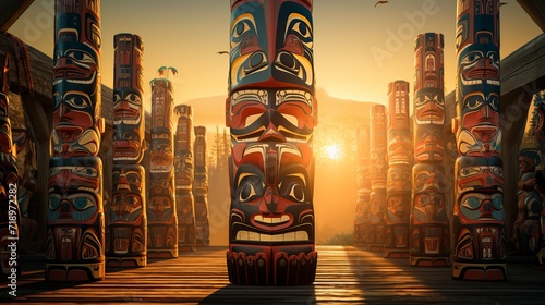 First Nations totem poles, carvings by Northwest Coast First Peoples. photo