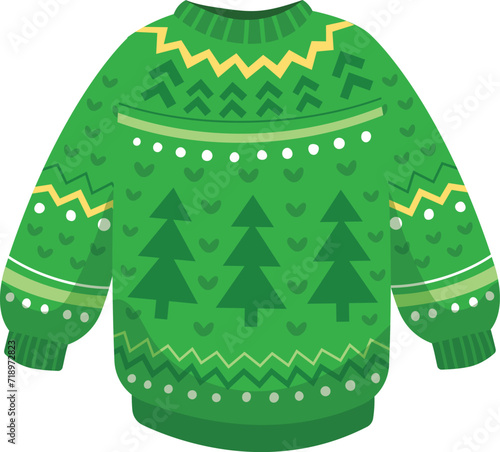 Green Christmas sweater with festive pattern, winter holiday clothing. Knitted jumper with tree and heart design, cozy seasonal apparel.
