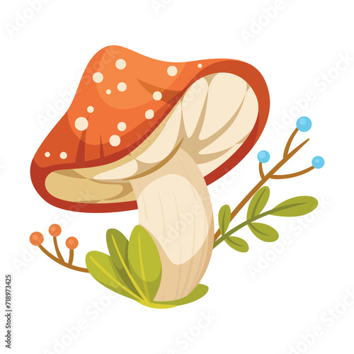 Mushroom with Stem and Cap as Landscape Element Vector Illustration