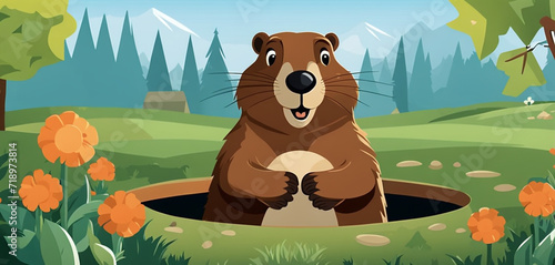 Happy Groundhog Day.    cheerful brown gopher emerging from its burrow. The scene is set in a lush green landscape with blooming orange flowers and a scenic mountain backdrop.