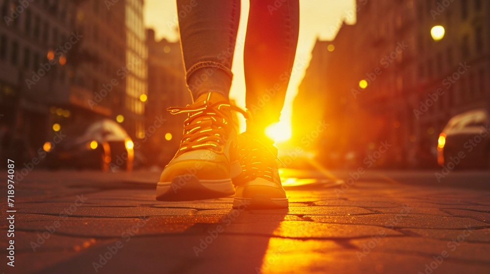 Cheerful sneakers glow in the sunny golden - obrazy, fototapety, plakaty 