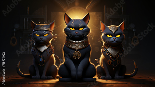 3d render three Egypt cats in dark background