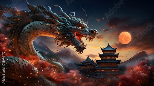 Fantasy image of Asian landscape, skyline with moon and mystery flying dragon. © Ivanna