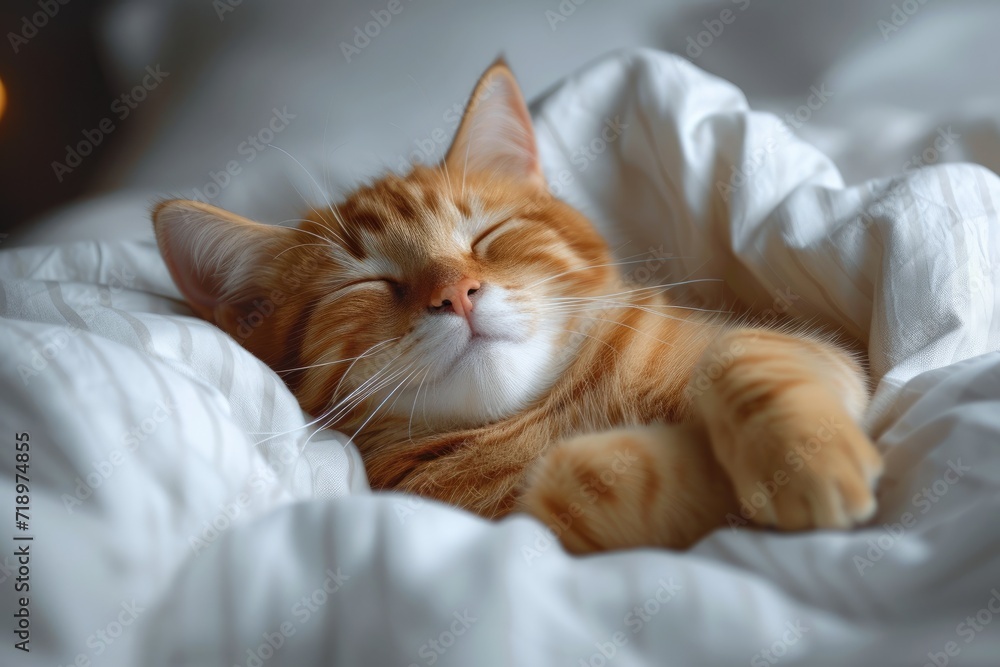 portrait of a cat sleeping in a bed with white linens. Animals at home, space for text. High quality photo
