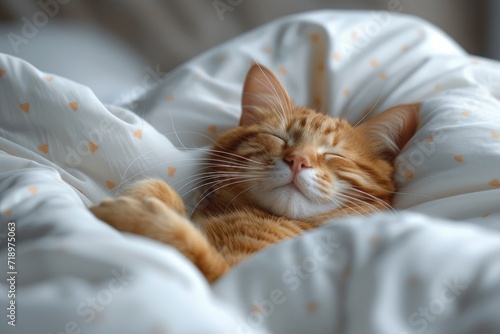 portrait of a cat sleeping in a bed with white linens. Animals at home, space for text. High quality photo