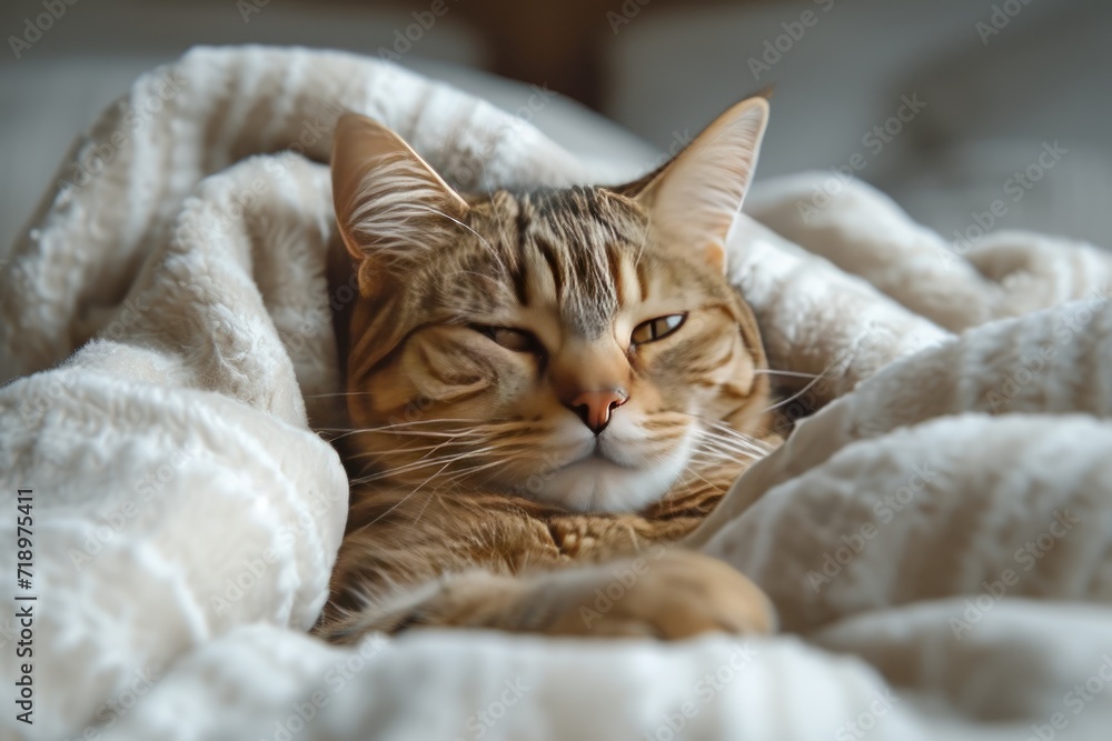 portrait of a cat sleeping in a bed with white linens. Animals at home, space for text. High quality photo