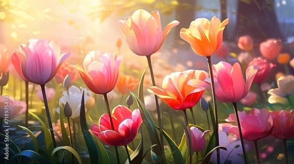 Fototapeta premium Bright tulips blooming in the garden or park