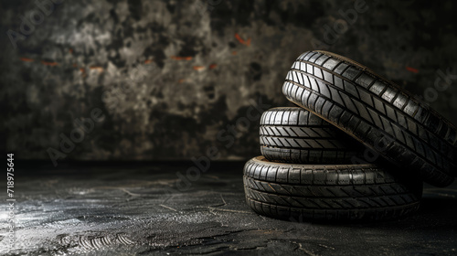 Stacked car tires cwith detailed tread texture on a dark background. Durability concept. Generative AI photo