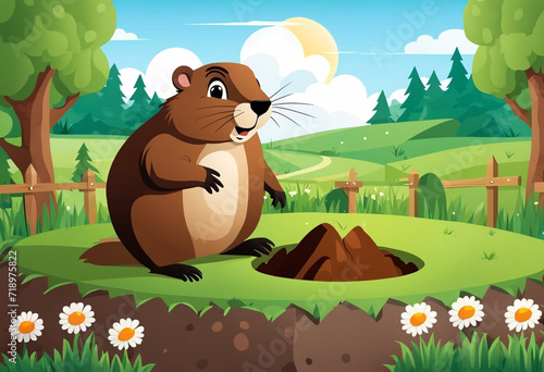 Happy Groundhog Day. А cheerful brown gopher emerging from its burrow. The scene is set in a lush green landscape with blooming orange flowers and a scenic mountain backdrop.