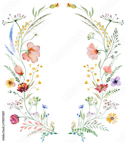 Wreath made of watercolor wildflowers and leaves, wedding and greeting illustration