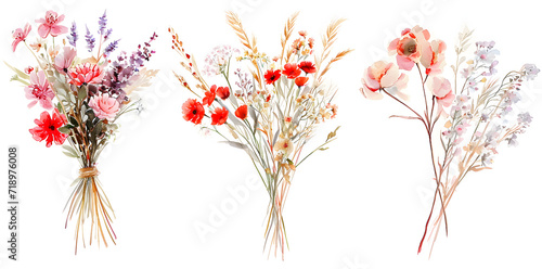 Fototapeta Naklejka Na Ścianę i Meble -  Elegant collection of watercolor flower bouquets with various blooms in pastel shades, ideal for wedding invitations and spring-themed designs