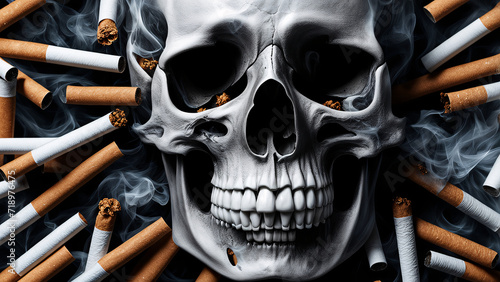 human skull with cigarette, no smoking, world cancer day photo