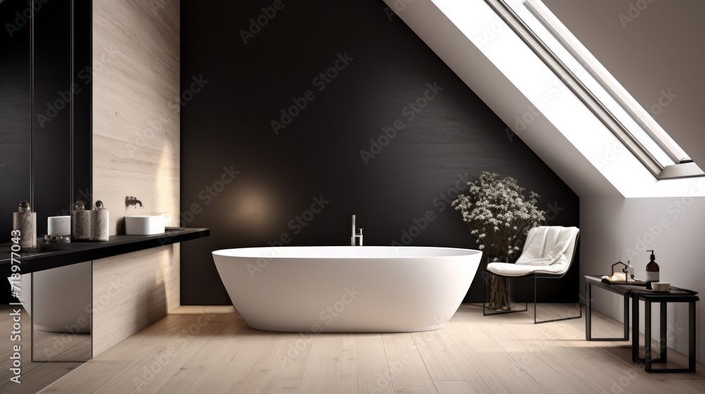 Minimalist attic bathroom with black walls and natural light. Modern simplicity concept. Generative AI