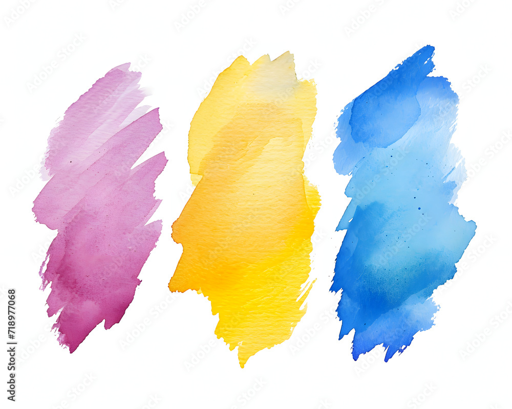 Vibrant watercolor brush strokes in pink, yellow, and blue on a white background, ideal for creative designs and visual art concepts Vibrant watercolor brush strokes in pink, yellow, and blue on a white background, ideal for creative designs and visual art concepts