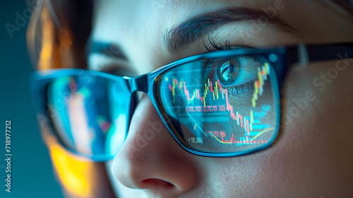 close up  of female eye wearing glasses with stock market indicator on reflection photo