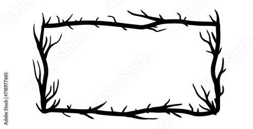Tree frame, floral horizontal border. Plant and twig decoration isolated on white background. black outline silhouette. decorative vintage scary element. Dark forest concept.