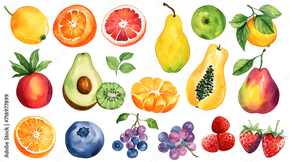 A collection of fruits including apples, oranges, bananas, and kiwis. The fruits are painted in watercolor and arranged in a row A collection of fruits including apples, oranges, bananas, and kiwis. The fruits are painted in watercolor and arranged in a row