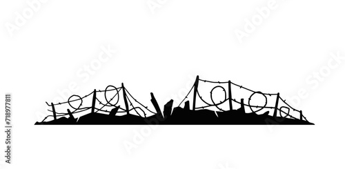 Barbed wire. Silhouette of military barricades. Defensive fortifications. Scenery of modern military conflict. Black illustration isolated on white