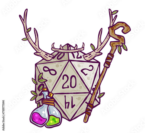 Dice for playing DnD. Druid character. Tabletop role-playing game Dungeon and dragons with horned d20. Magical role of ranger
