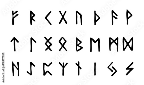 Scandinavian runes. black letters on white background. Set of old Norse Runic alphabet, Futhark. Ancient occult Viking characters on white background, rune font.