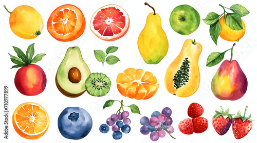 A collection of fruits including apples  oranges  bananas  and kiwis. The fruits are painted in watercolor and arranged in a row