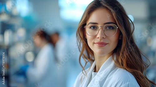 In an erasing medical science lab, an exquisite young scientist in a white coat and specs, Generative AI. photo
