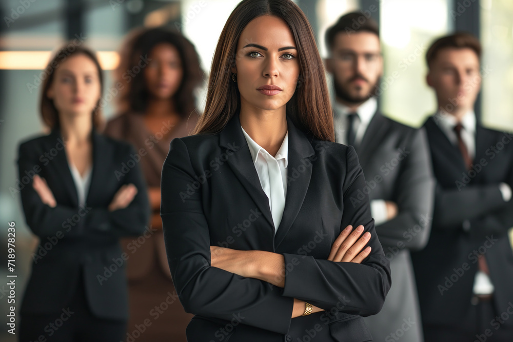 Visionary Leader, Assertive Businesswoman with Team in the Background Visionary Leader, Assertive Businesswoman with Team in the Background