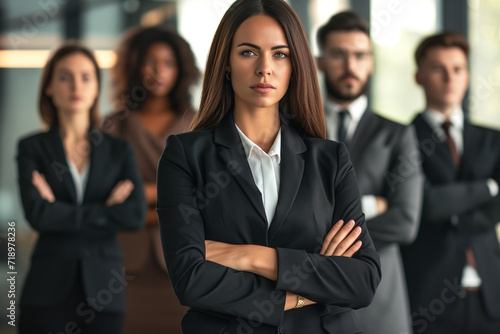 Visionary Leader, Assertive Businesswoman with Team in the Background