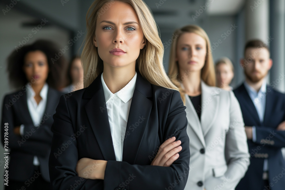 Resolute Leadership, Confident Businesswoman with Her Team in Focus Resolute Leadership, Confident Businesswoman with Her Team in Focus