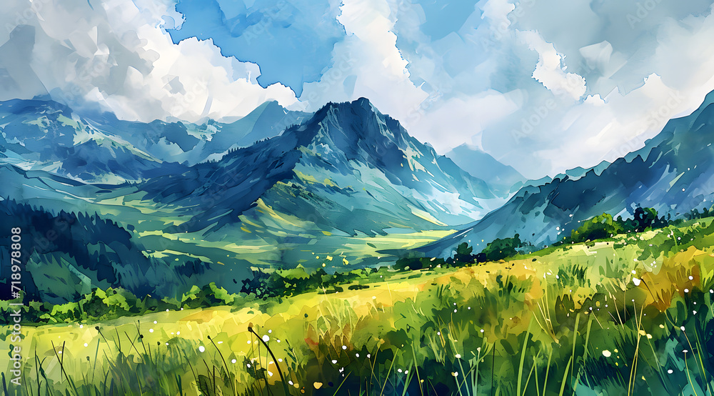 Obraz premium A mountain landscape: vibrant digital illustration featuring lush greenery, dramatic peaks, and a tranquil valley in golden light
