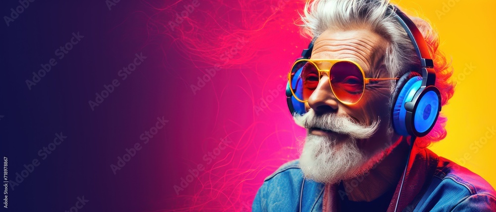 Handsome senior man with headphones listening to music. Over colourful background. Music Streaming Service Concept with Copy Space.
