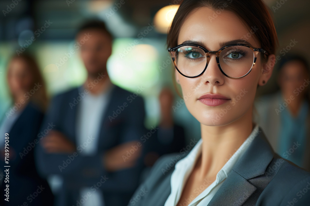Corporate Insight, Sharp Businesswoman with Team in Soft Focus Corporate Insight, Sharp Businesswoman with Team in Soft Focus