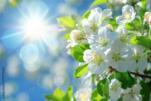 Blooming apple tree on blue sky background