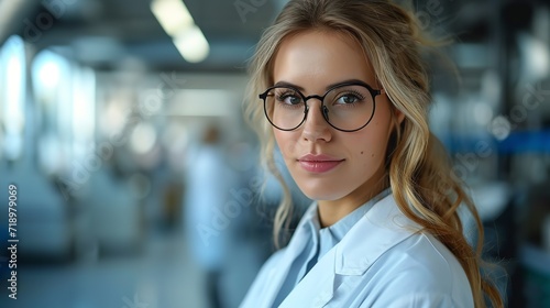 In an erasing medical science lab, an exquisite young scientist in a white coat and specs, Generative AI. photo