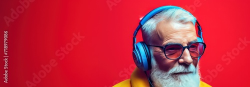 Portrait of senior man with headphones listening to music on red background. Music Streaming Service Concept with Copy Space. © John Martin