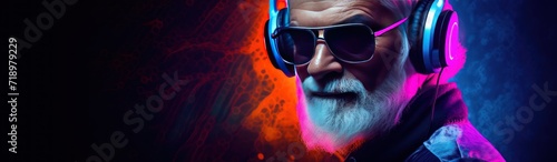 Portrait of an old man with headphones. Elderly people. Music Streaming Service Concept with Copy Space.