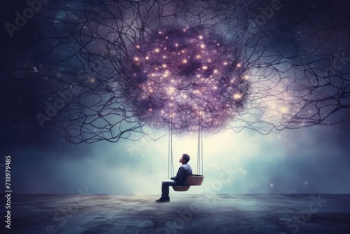 A man lost in thought sits on a swing beneath a cosmic tree with branches stretching into a starry sky, embodying contemplation and the vastness of the universe, Cosmic contemplation. photo