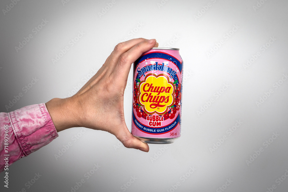 Chupa Chups carbonated soft drink with cherry chewing gum flavor Stock