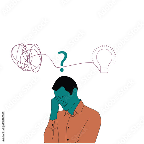 Conceptual illustration of a confused man deep in thought finding a solution